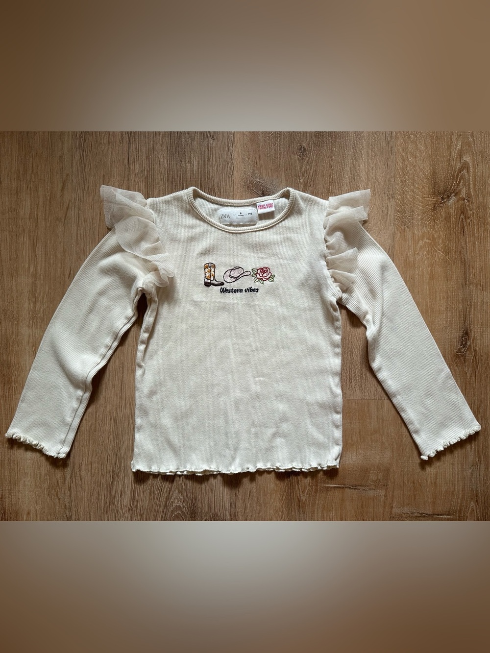 Zara Cream Long-Sleeve Ruffle Sleeve Top with Western Embroidery